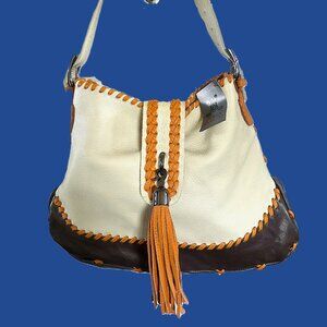 Carla Mancini Cream Brown Rust Pebble Leather Whipstitch Tassel Shoulder Bag NWT